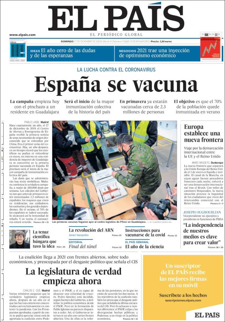Portada de El País del 27 de diciembre de 2020