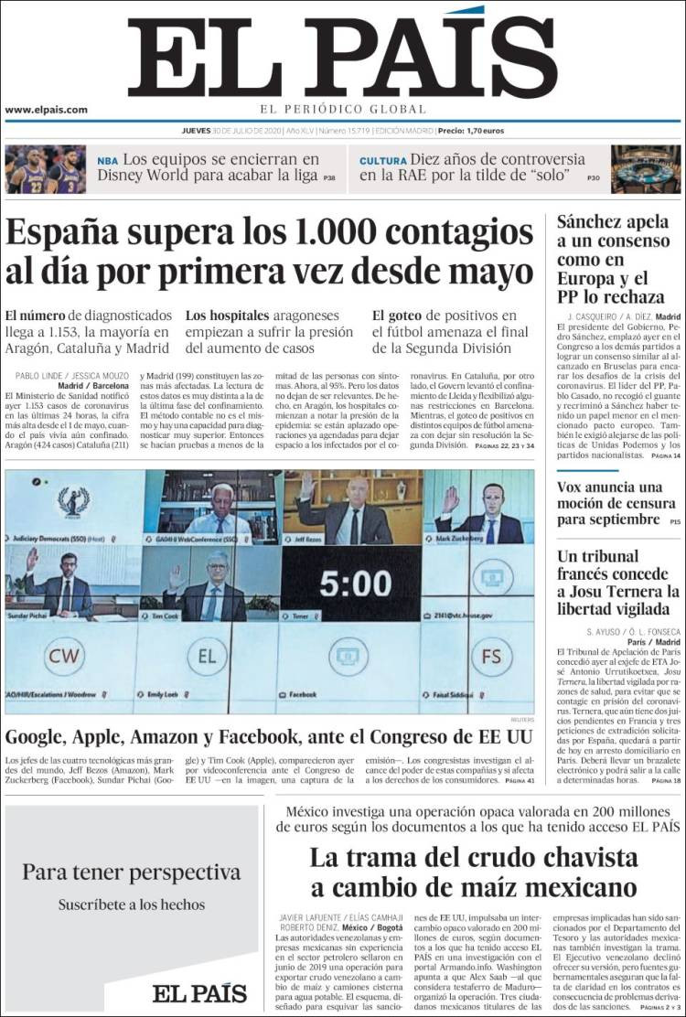 Las primeras planas de 'El País' analizan los contagios actuales por coronavirus