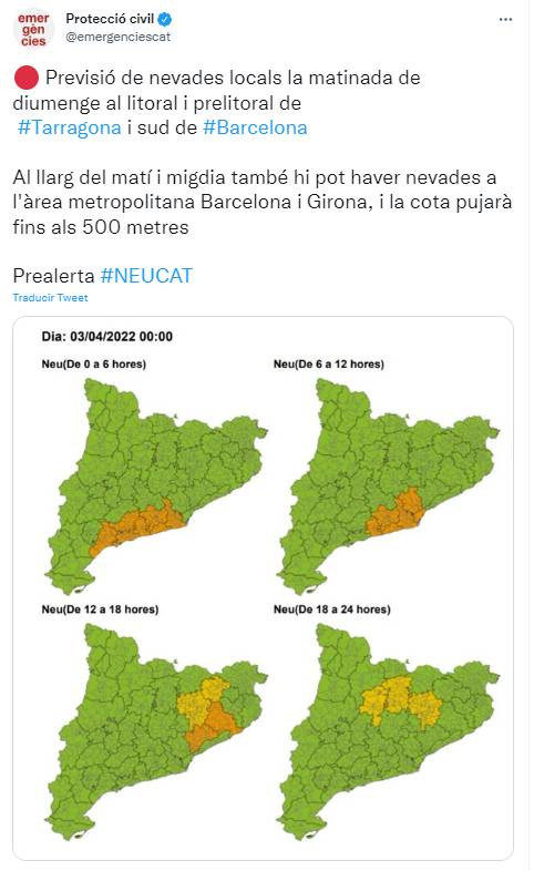 Previsión de nieve en Cataluna para el domingo 3 de abril de 2022 / PROTECCIÓ CIVIL
