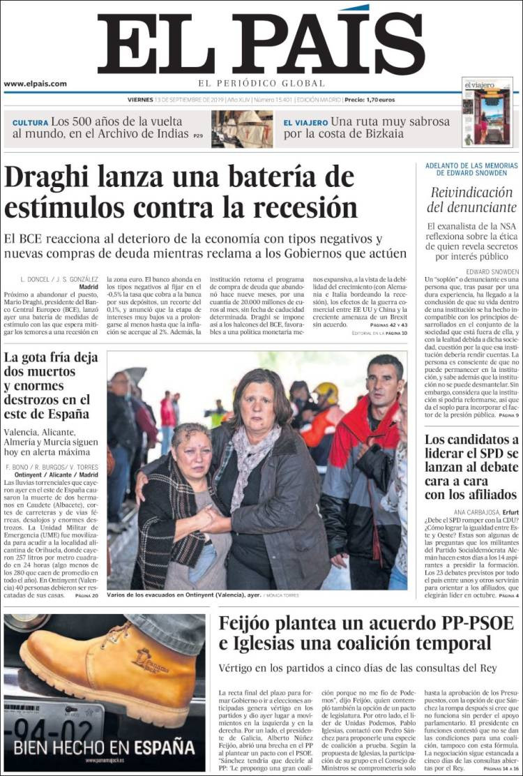Portada de 'El País' del viernes 13 de septiembre
