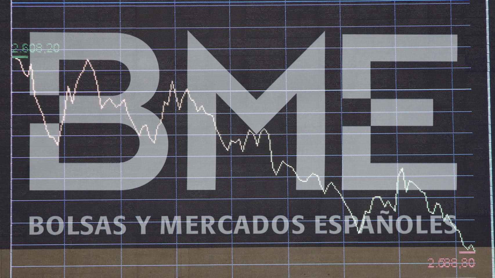 Panel de Bolsas y Mercados Españoles (BME) en un gráfico del interior del Palacio de la Bolsa de Madrid / EP