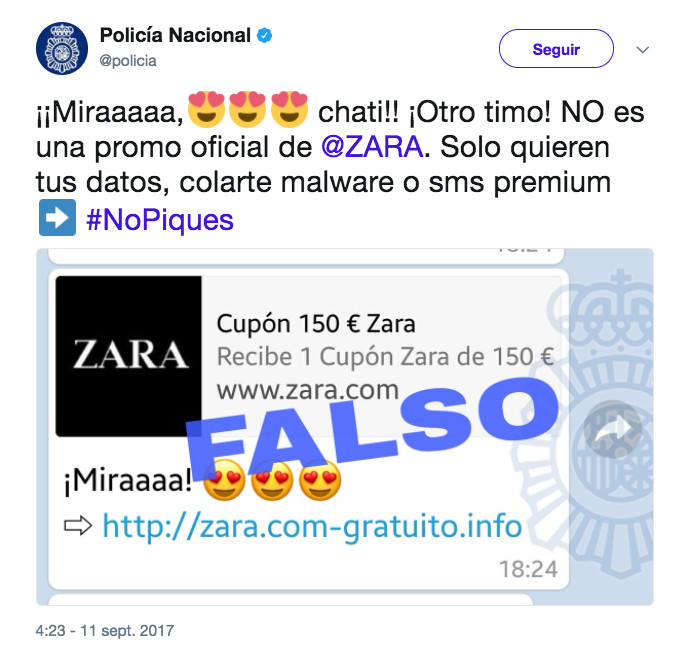 Twitter de la Policía Nacional informando acerca del timo que circula por WhatsApp