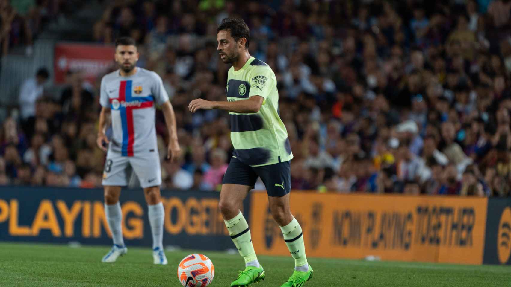 Bernardo Silva, en el amistoso por la ELA del Barcelona - Manchester City