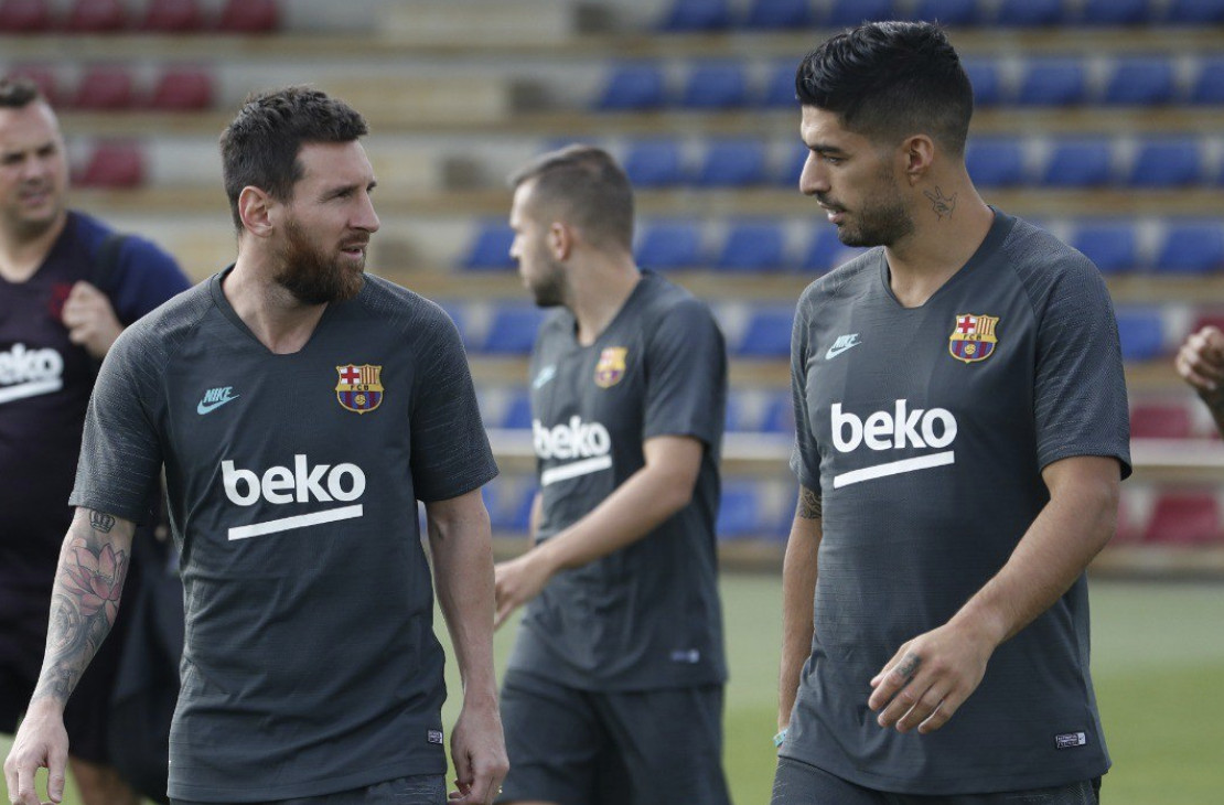 Una foto de Leo Messi y Luis Suárez en un entrenamiento del Barça / FCB