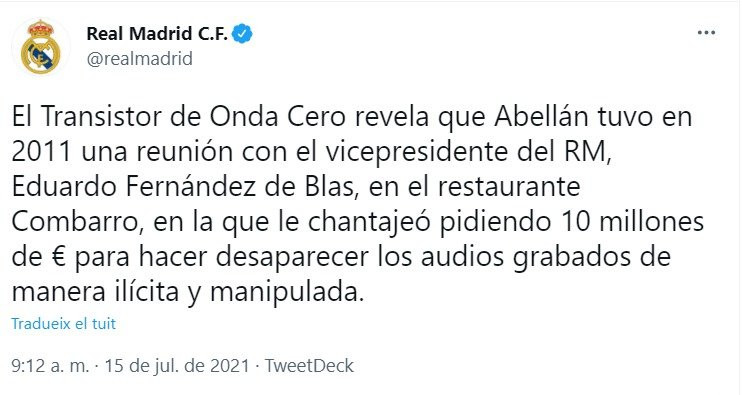 Publicación del Real Madrid sobre el supuesto chantaje de Abellán / Real Madrid