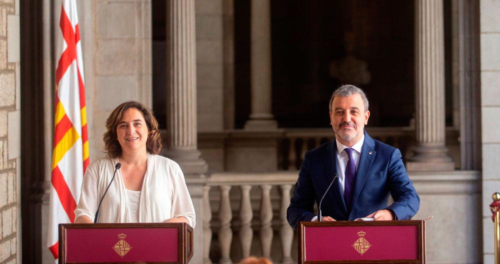 La alcaldesa de Barcelona, Ada Colau, en la presentación del pacto de Gobierno con el socialista Jaume Collboni / EFE