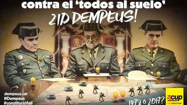 La CUP ha lanzado un material de campaña en el que compara a Pedro Sánchez, Mariano Rajoy y Albert Rivera con los golpistas del 23F / CG