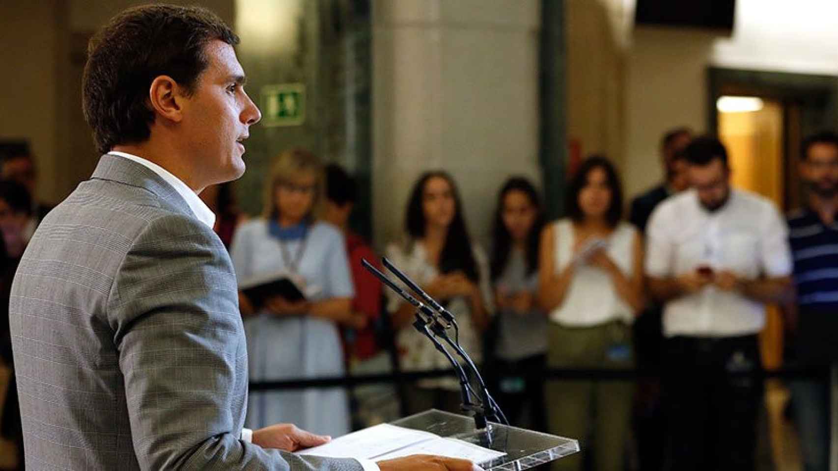 Albert Rivera durante la rueda de prensa en la que ha dado cuenta de su reiunión con Mariano Rajoy.