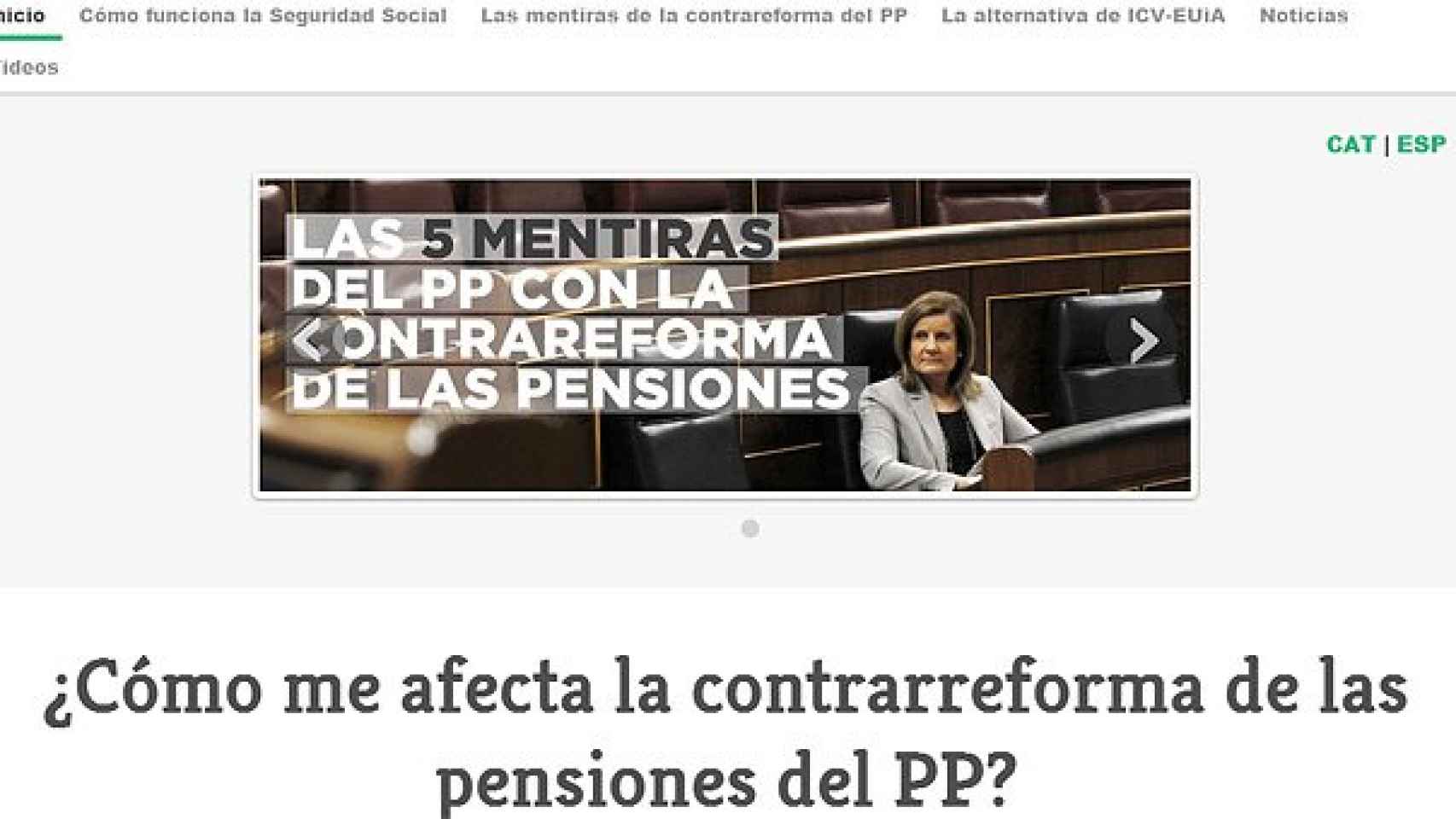 Captura de la web de ICV-EUiA que critica la reforma de las pensiones del Gobierno