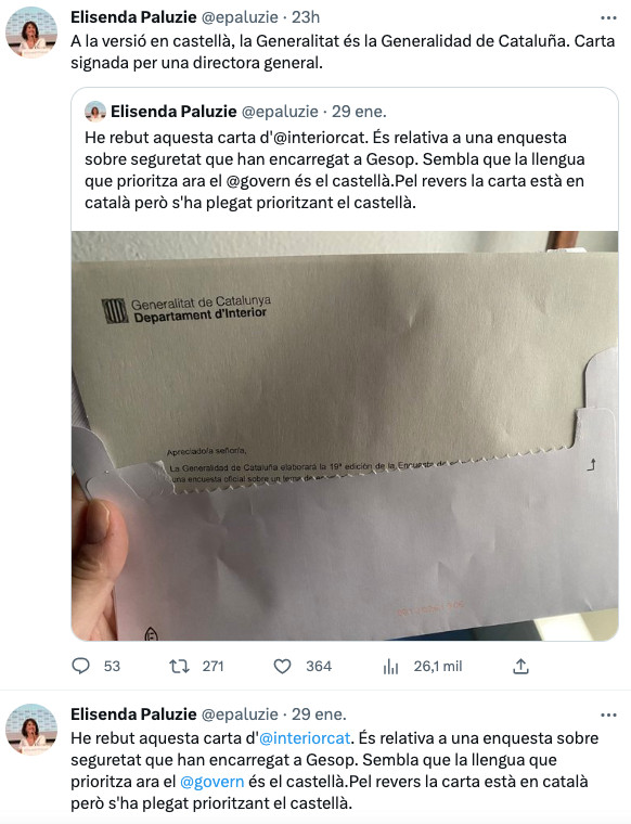 Elisenda Paluzie, expresidenta de la ANC, quejándose por cómo estaba doblada una carta bilingüe de la Generalitat / @epaluzie (TWITTER)