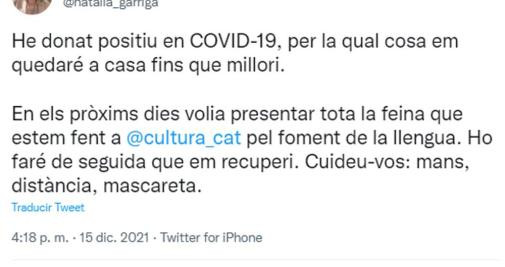 Natàlia Garriga, comunicando su positivo por Covid-19 en sus redes sociales 