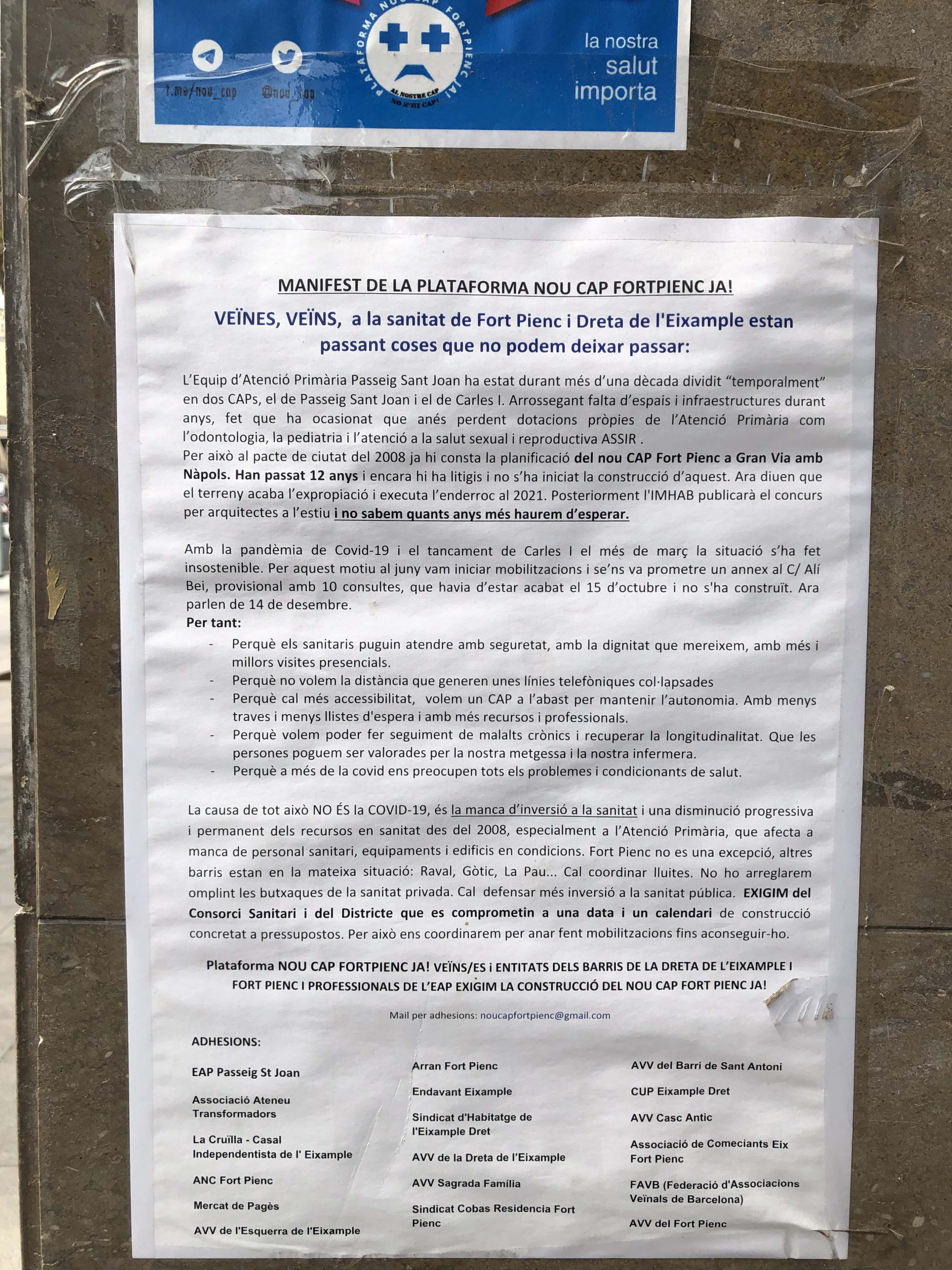 Manifiesto para reivindicar la reapertura de un CAP en el barrio Fort Pienc de Barcelona