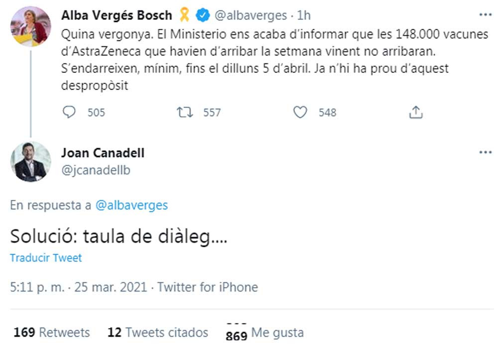 La 'consellera' Alba Vergès y el diputado de JxCat Joan Canadell, culpando a España de un retraso de AstraZeneca / TWITTER