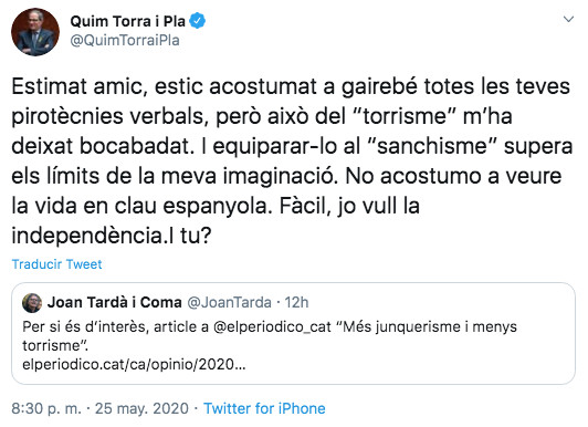 Tuit de Quim Torra en referencia al artículo de opinión de Joan Tardà / TWITTER
