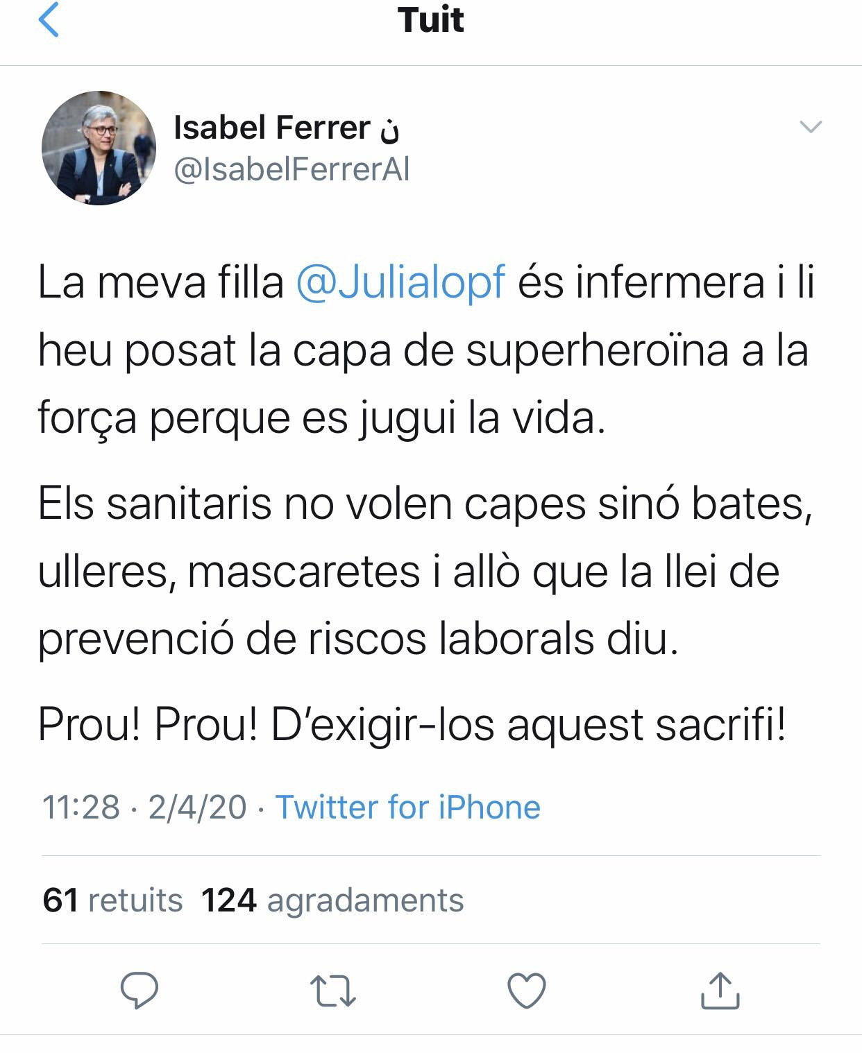 Tuit borrado de Isabel Ferrer, directora general de Protección Civil de la Generalitat