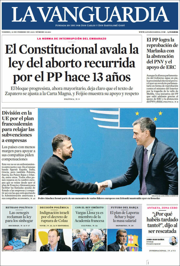Portada de 'La Vanguardia' de 10 de febrero de 2023 / KIOSKO.NET