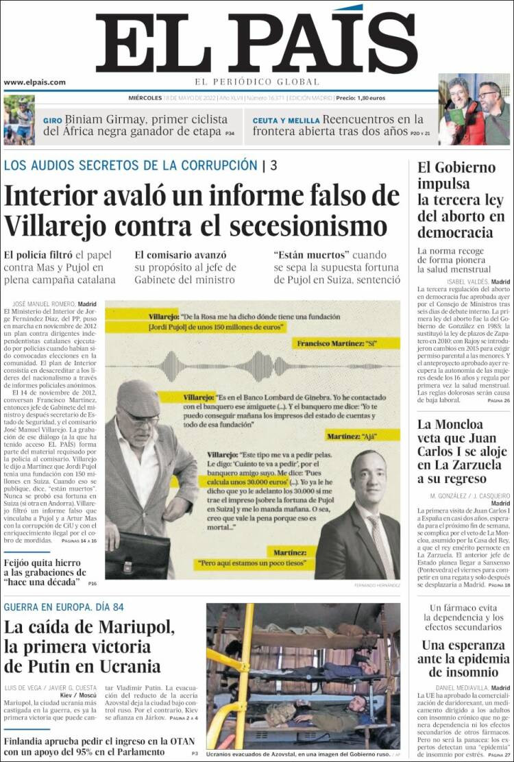 Portada de 'El País' del 18 de mayo de 2022