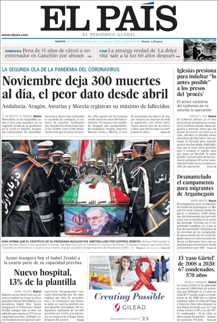 Portada de 'El País' del martes 1 de diciembre