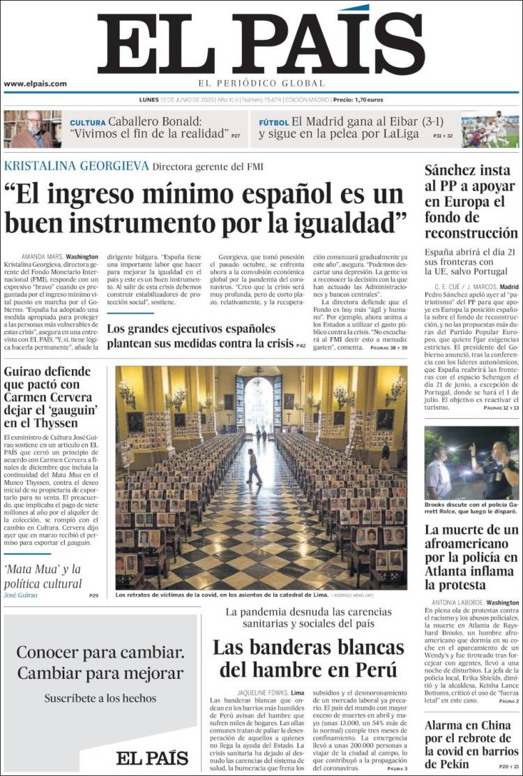 Portada de El País del 15 de junio de 2020