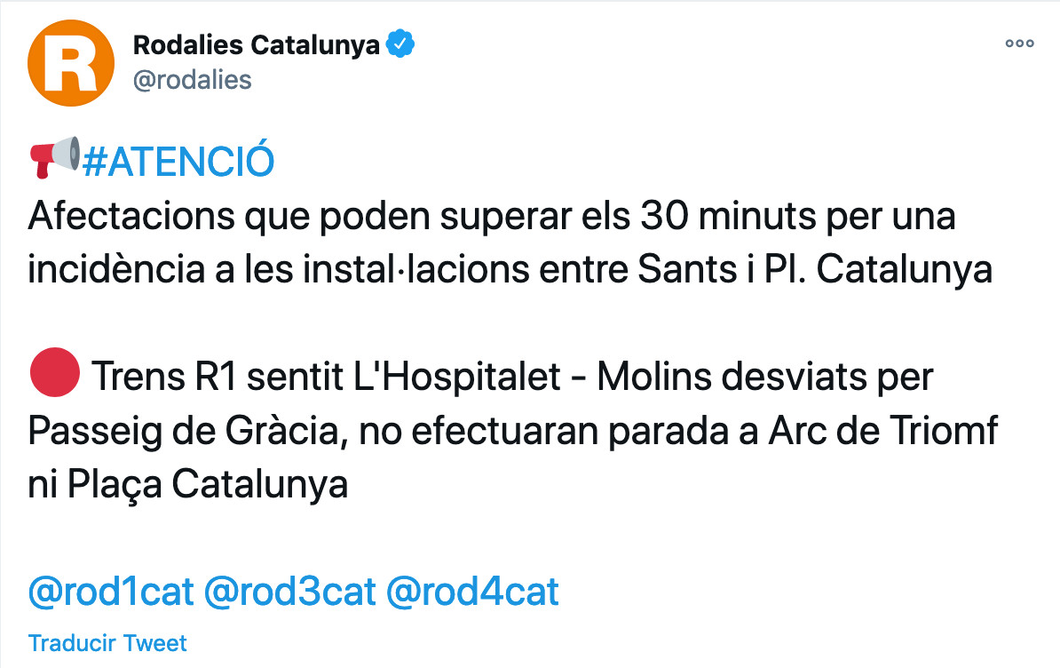 Rodalies informa de retrasos en varios líneas por una incidencia entre Sants y plaza Catalunya / TWITTER