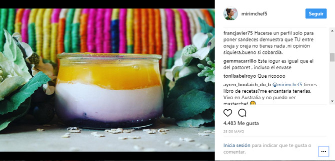 Uno de los pots de 'Miri' en Instagram en el que uno de sus seguidores menciona la marca de yogures Pastoret / CG
