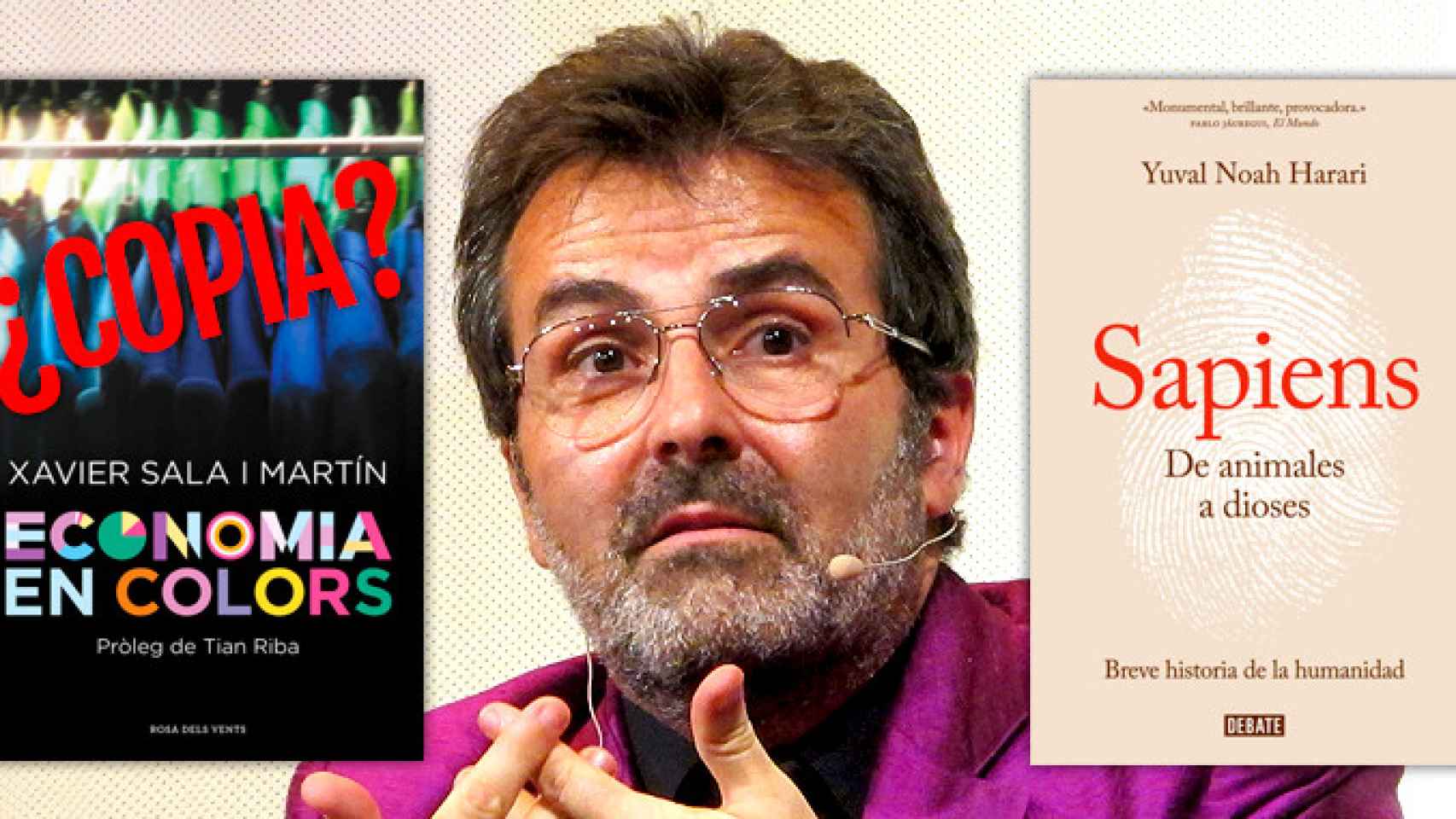 Xavier Sala i Martín con la portada de su libro 'Economia en colors' y la de 'Sapiens', de Yuval Noah