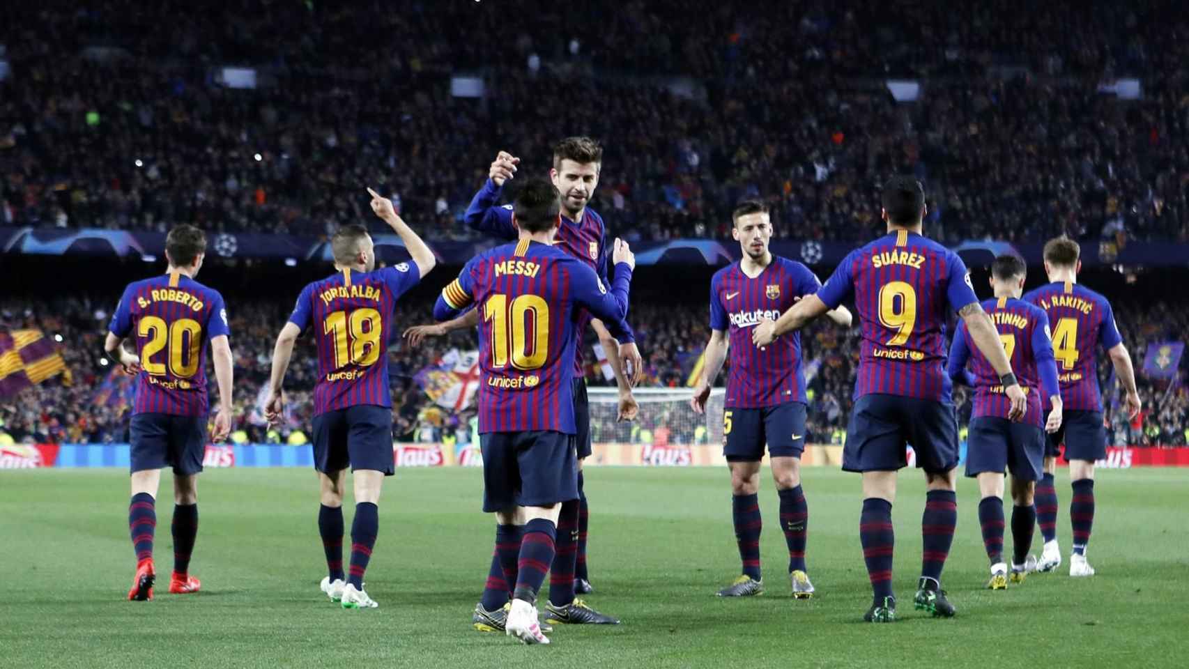 El Barça celebrando uno de los goles de Leo Messi contra el Manchester United / FC Barcelona