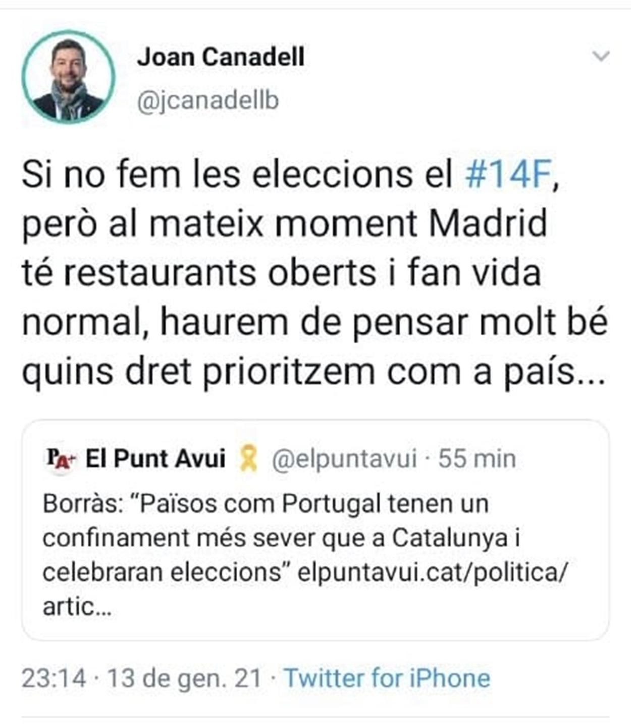 Joan Canadell se posiciona sobre el 14F / TWITTER