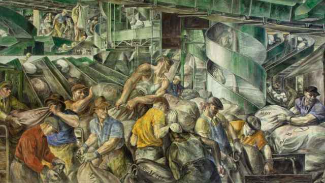Obreros trabajando en una oficina de Correos, un mural del pintor Alfred D. Crimi. Imagen del artículo 'Suave y firme negativa a ser rebaño'
