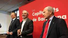 José Luis Zapatero, el concejal Jaume Collboni y el expresidente de la Generalitat José Montilla, en la sede del PSC / EUROPA PRESS