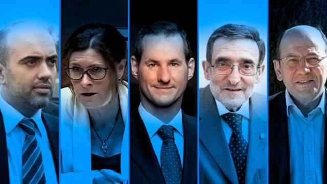 Daniel Sirera, Emma Balseiro, Carles Jaume, Armand Querol y Francesc Vendrell, de izquierda a derecha, supervivientes del PP en las instituciones catalanas. / CG