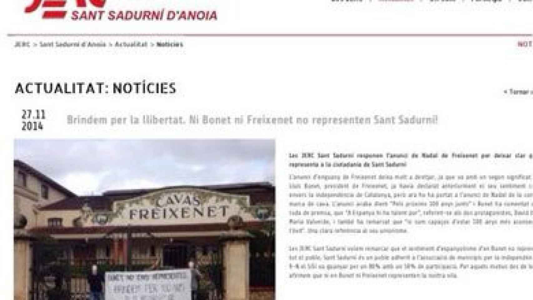 Comunicado de las juventudes de ERC de Sant Sadurní en el que reivindican la acción contra Freixenet