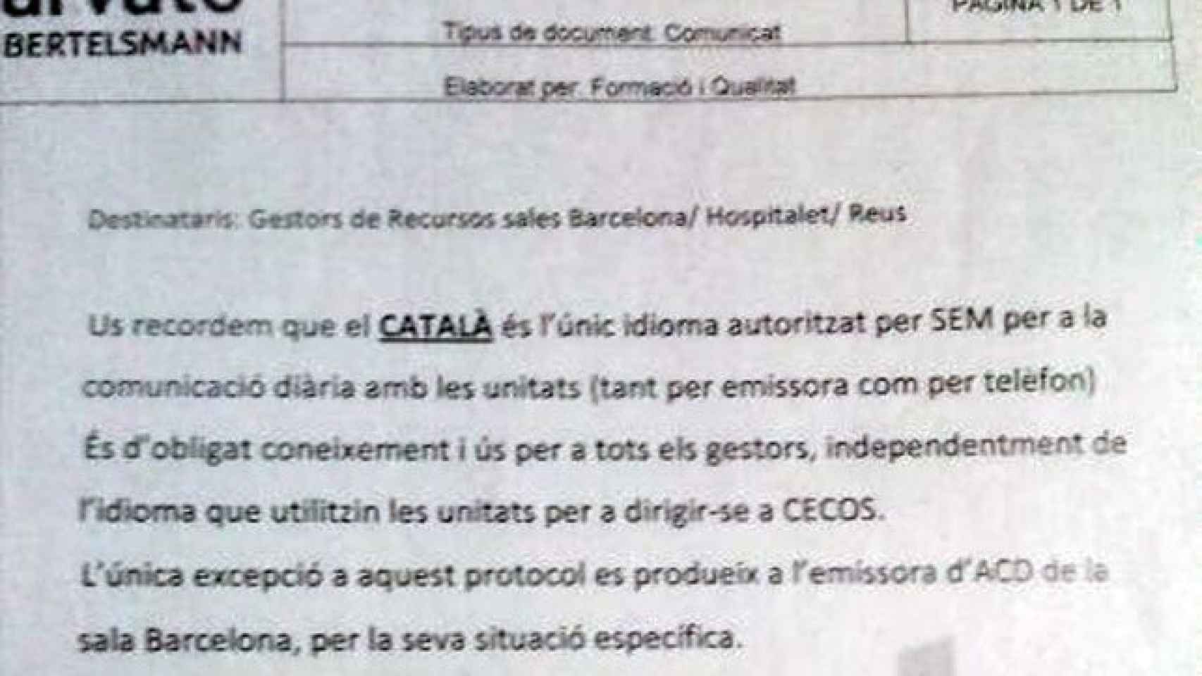 Circular enviada a los operadores de los centros de coordinación de urgencias médicas ordenándoles utilizar exclusivamente el catalán en todas sus comunicaciones