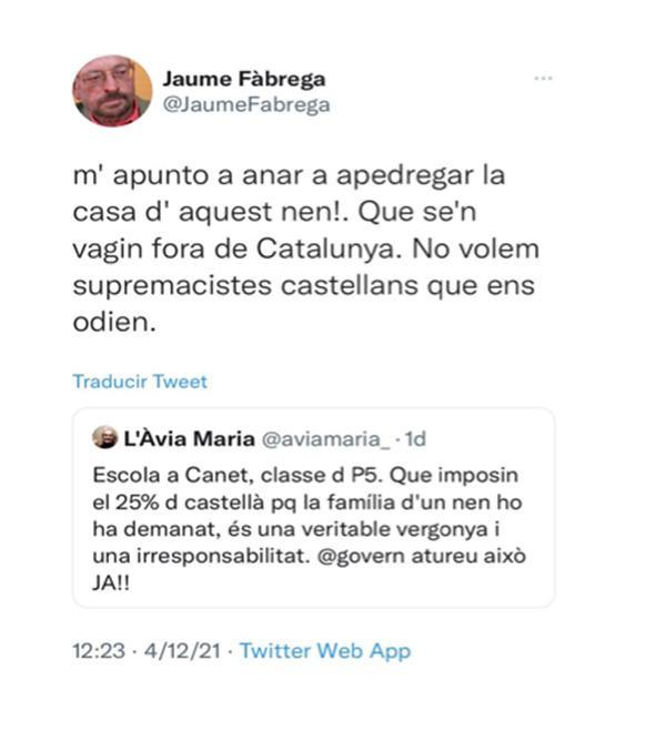 Tuit de Jaume Fàbrega contra el niño de Canet