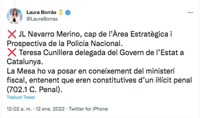 El tuit de la presidenta del Parlament, Laura Borràs / CG