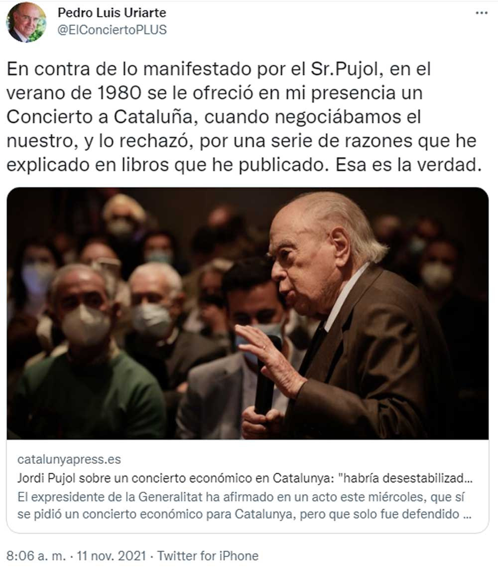 El exconsejero vasco de Economía, Pedro Uriarte, desmintiendo las afirmaciones de Jordi Pujol / TWITTER