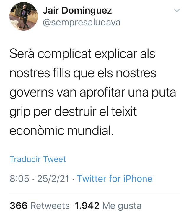Jair Domínguez, opinando sobre el coronavirus en su perfil de Twitter