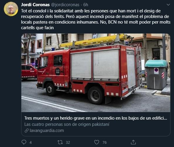 El tuit publicado por el concejal de ERC, Jordi Coronas