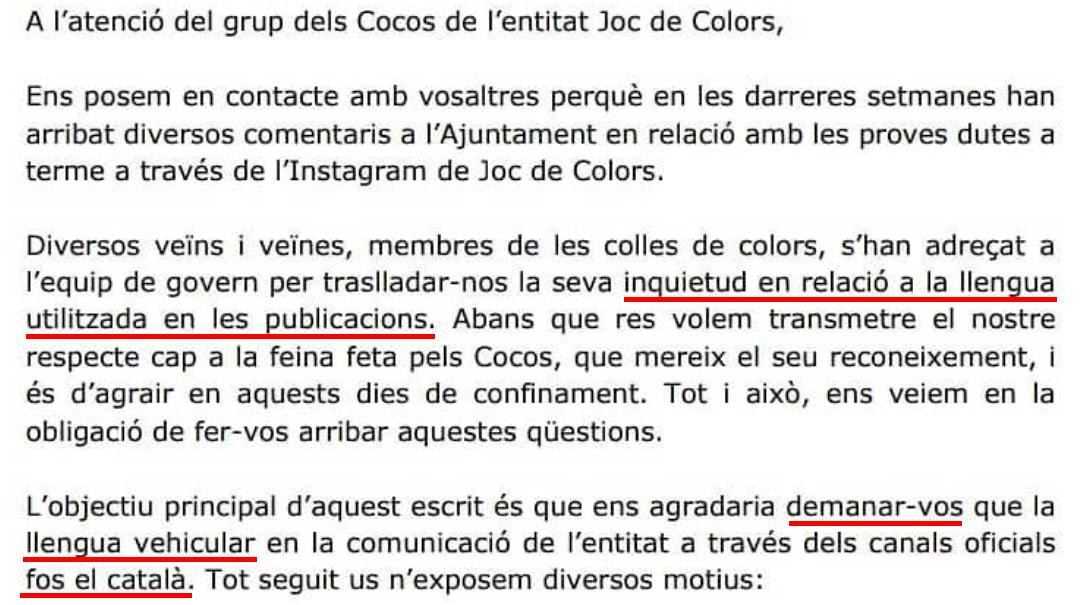 Carta del Ayuntamiento de Santa Eulàlia de Ronçana a la entidad Joc de Colors / INSTAGRAM JOC DE COLORS