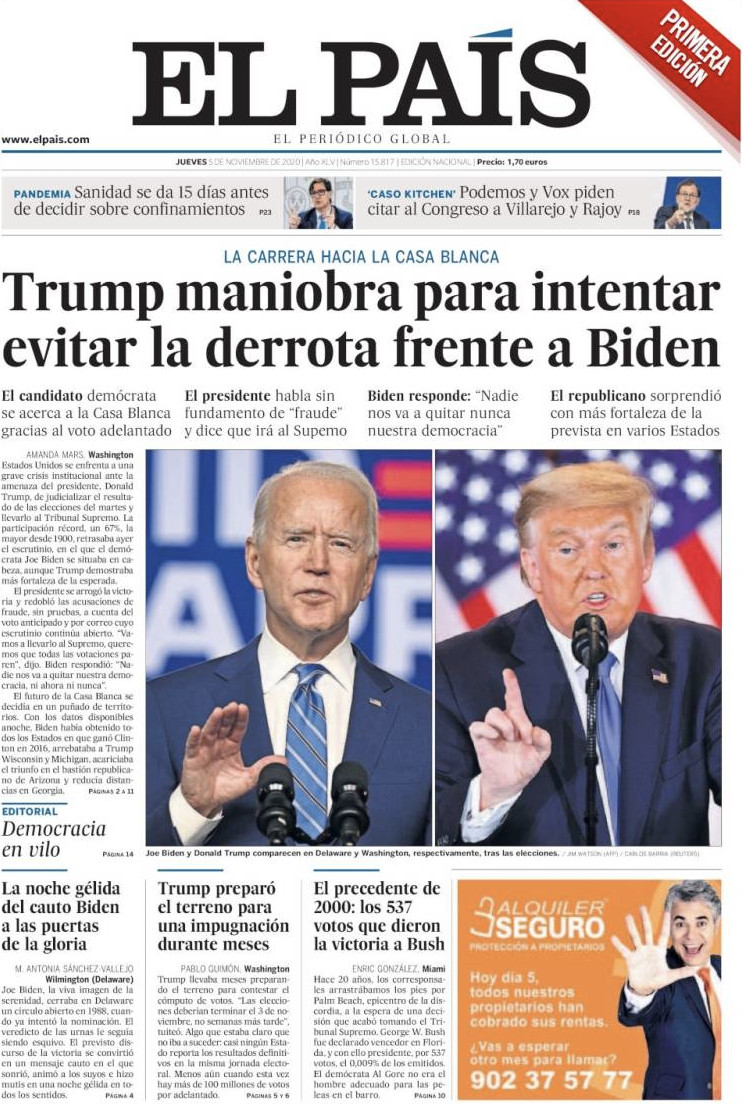 Portada de 'El País' del 5 de noviembre de 2020 / KIOSKO.NET
