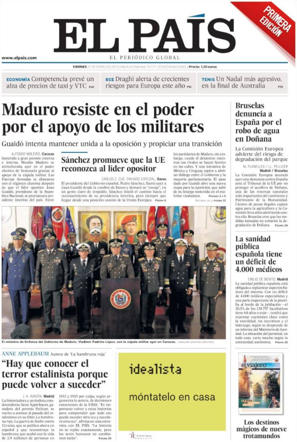 Portada de 'El País' del viernes 25 de enero de 2019 / KIOSKO