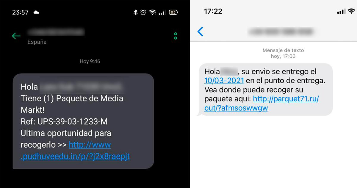 Ejemplos de SMS falsos enviados mediante el 'smishing', como los que enviaba una banda que estafó 15.000 euros para comprar 'gas de la risa', alcohol y tabaco / CG