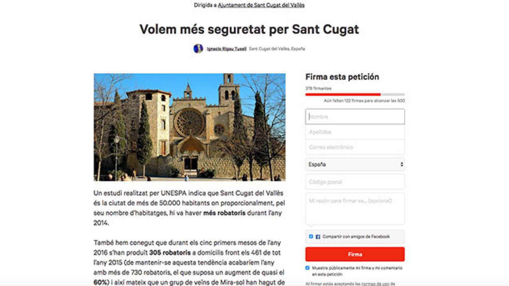 Imagen de la campaña de firmas para solicitar más seguridad en Sant Cugat / CG