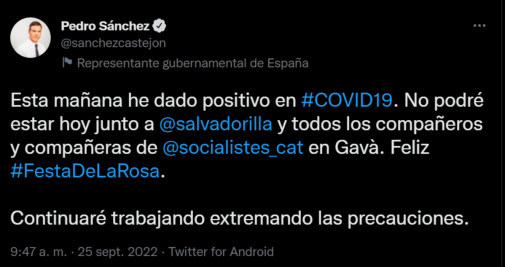Pedro Sánchez anuncia que ha dado positivo en Covid a través de Twitter 