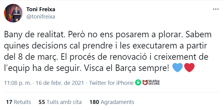 Publicación de Toni Freixa tras la derrota del Barça del PSG / Redes