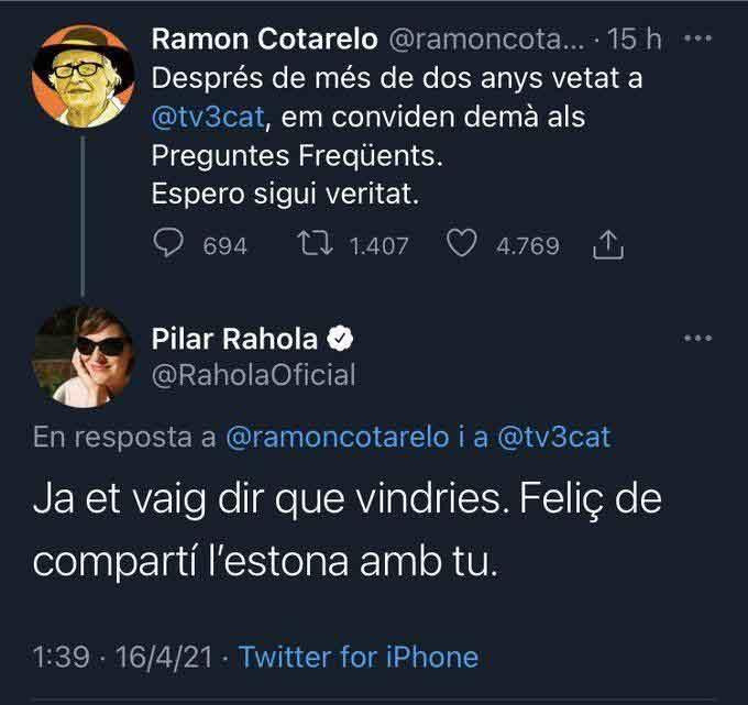 Diálogo entre Ramon Cotarelo y Pilar Rahola en Twitter