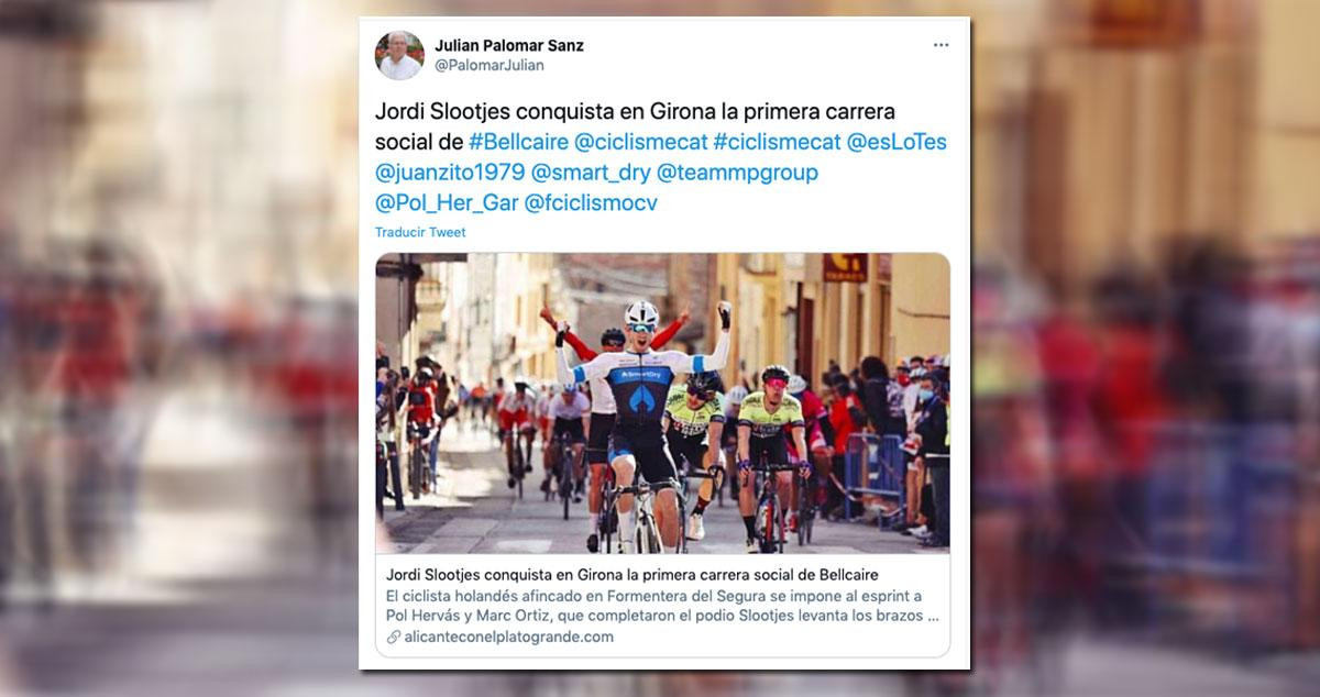 Jordi Slootjes, el ganador de la carrera ciclista y social, a su llegada a la meta / TWITTER