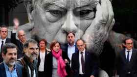 Los 'consellers' entrando en la Audiencia Nacional con Jordi Pujol de fondo / FOTOMONTAJE DE CG