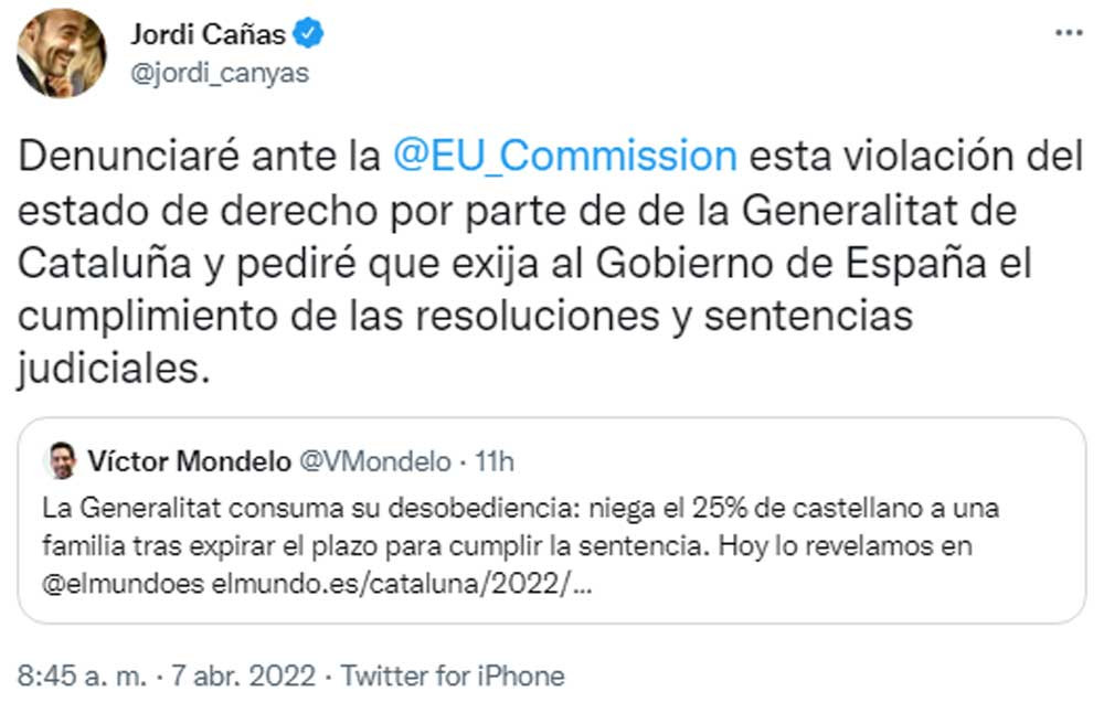 Tuit del eurodiputado Jordi Cañas