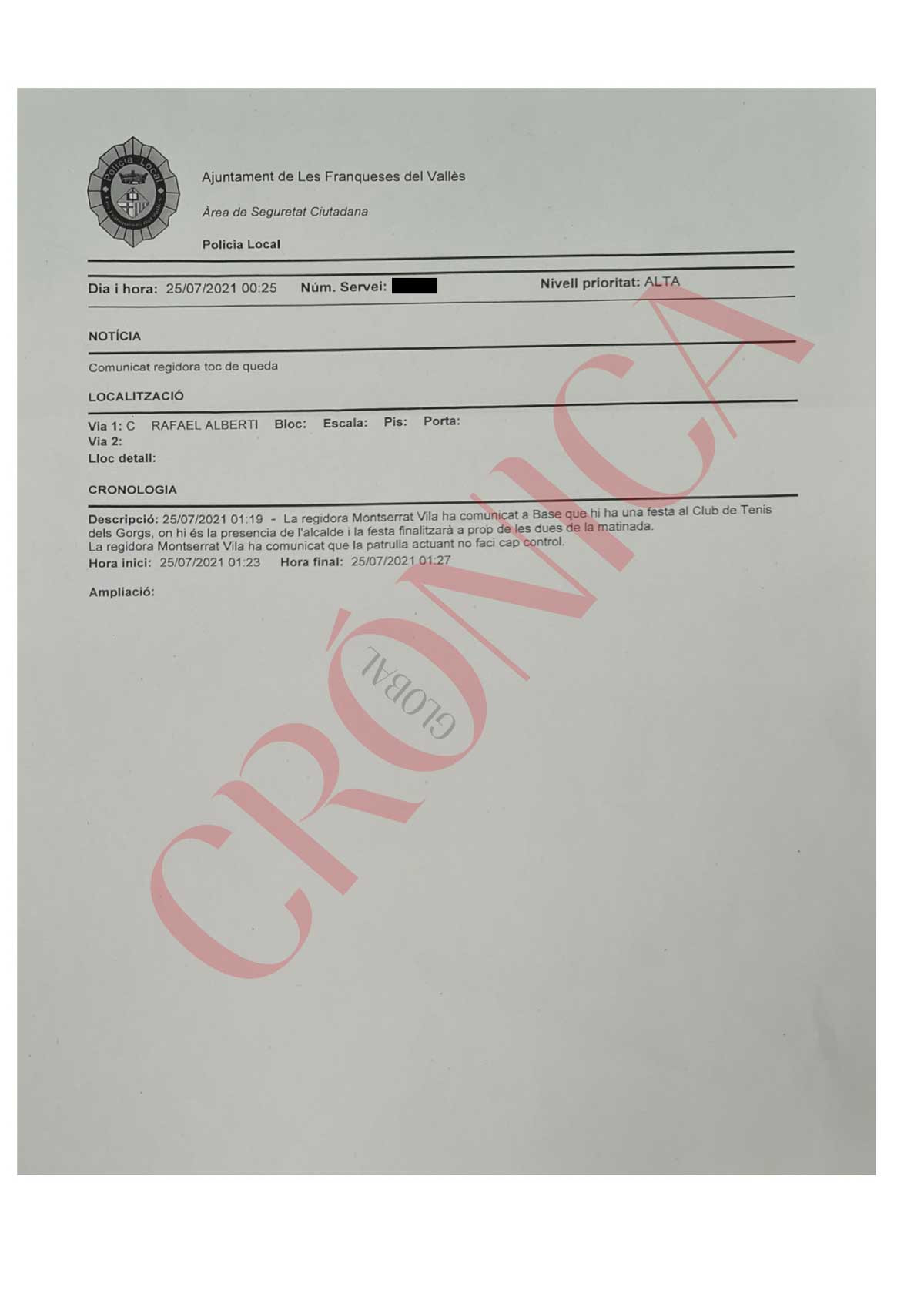 Registro de la llamada de la regidora Montserrat Vila de la Policía Local de Les Franqueses del Vallès / CEDIDO